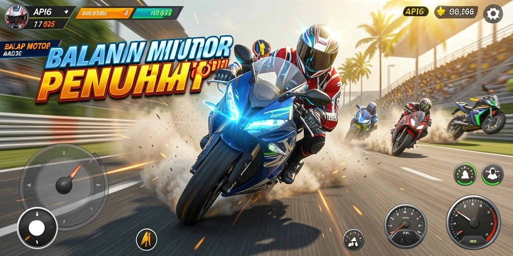 Tampilan antarmuka balap motor yang dinamis dan menarik.