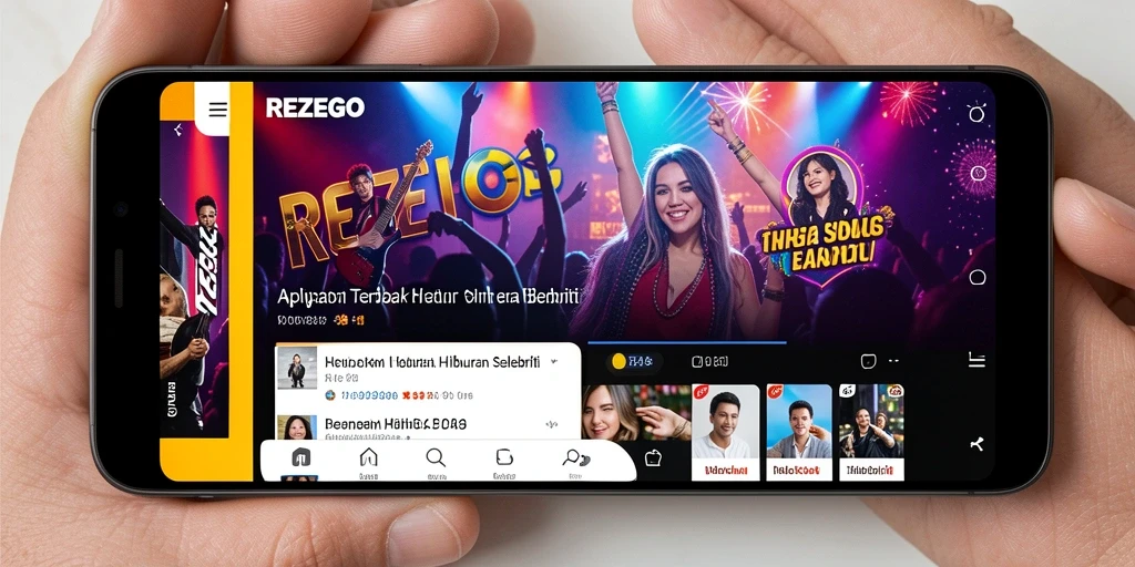 Antarmuka aplikasi REZEGO yang menarik dengan berita selebriti.